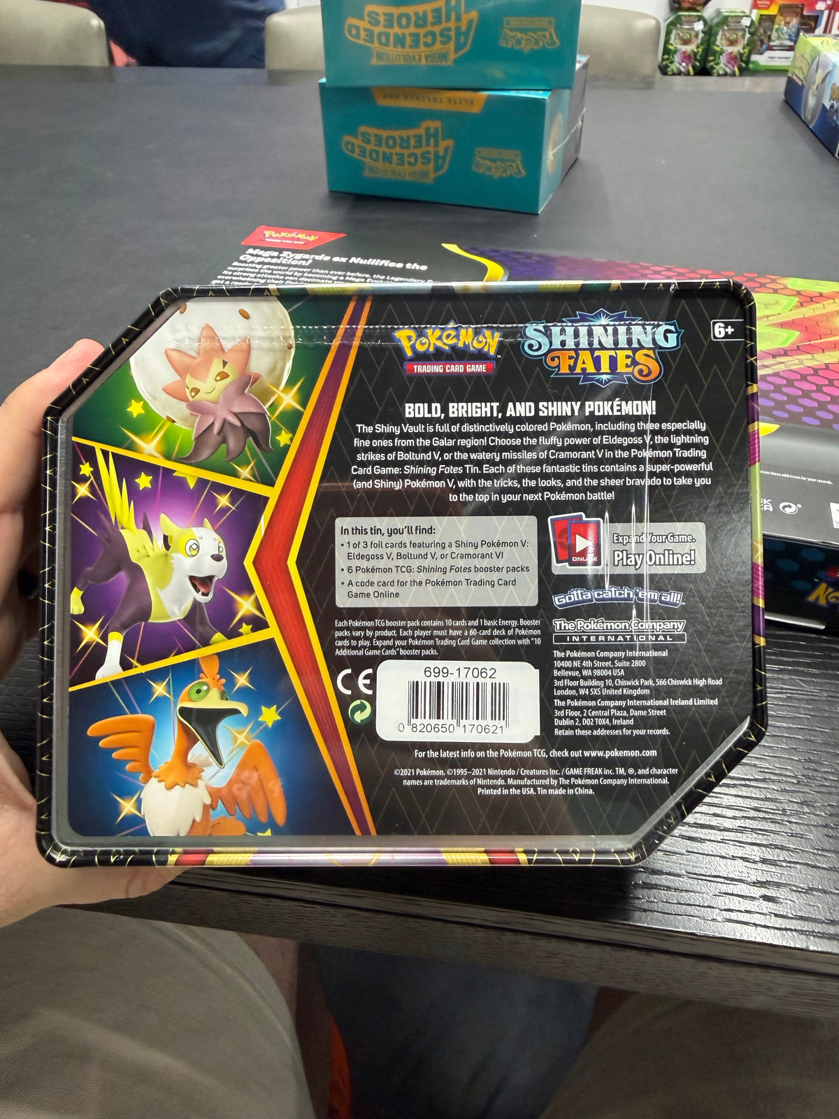 Back of actual Shining Fates Boltund V tin showing six packs and UPC 0820650170621