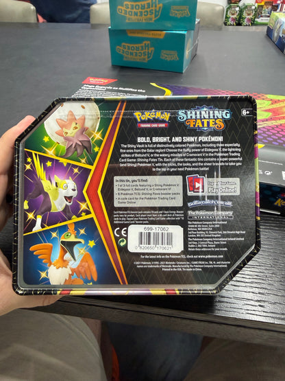Back of actual Shining Fates Boltund V tin showing six packs and UPC 0820650170621