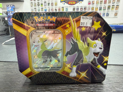 Actual sealed 2021 Pokémon Shining Fates Boltund V tin, front with Boltund V promo card